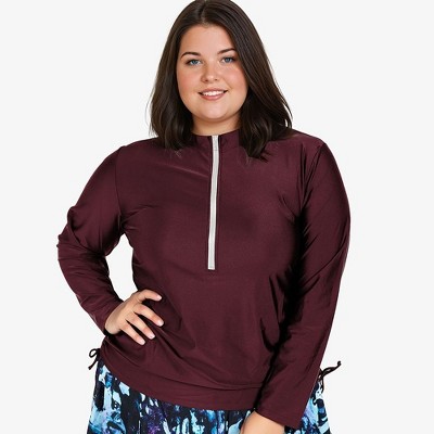 Calypsa Women's Plus Size Half-Zip Long Sleeve Rash Guard UPF 50+ Nora Swim Top
