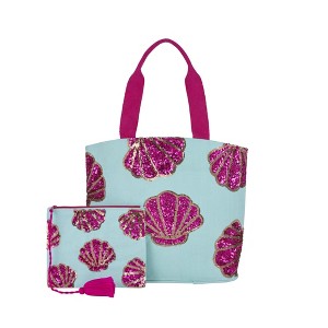 Mina Victory Handbag Pink Sequin Seashells 22" x 15" x 6" Beach Bag with Matching Clutch Turquoise - 1 of 4