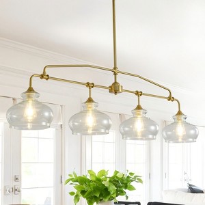 BAOURE Mid-Century Modern Chandelier, 3-Light Brass Kitchen Island Pendant Light, 46.85in Dining Room Light Fixture Over Table with Clear Glass Shades - 1 of 4