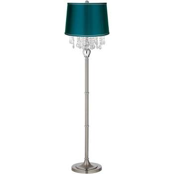 360 Lighting Modern Floor Lamp 62.5" Tall Satin Steel Crystal Chandelier Teal Blue Satin Drum Shade for Living Room Reading Bedroom Office