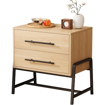 Modern Nightstand with Drawers – Light Wood Side Table with Metal Legs for Bedroom & Living Room