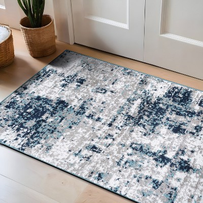 Distressed Blue and Gray Synthetic Abstract Rectangular Rug