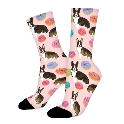 Brindle Corgis Donuts Pink Pastel Women Printed Crew Socks Funny Funky Socks Soft Polyester Novelty Gifts for Artists Men