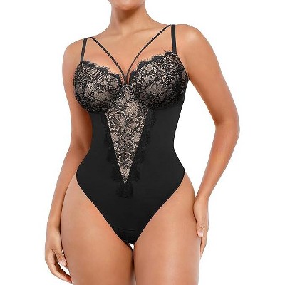 SHAPELLX Womens Lace Bodysuit for Large Bust Tummy Control Shapewear Backless Corset Top V Neck Thong Body Suits Shaper—Black 38