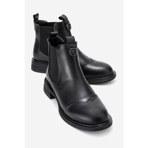 Sidney - Black Genuine Leather Buckled Elastic Chelsea Boot (Women) | Forever & Always Shoes - 1 of 4