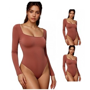 INSPIRE CHIC 3 Packs Women's Long Sleeve Bodysuit Slim Fit Square Neck Tummy Control Brief Leotard - 1 of 4