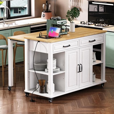 LOVSON 47" Extendable Kitchen Island with Rubber Wood Veneer, Storage Drawers, Cabinets, Power Outlet, and Internal Rack Rolling Kitchen Cart,White