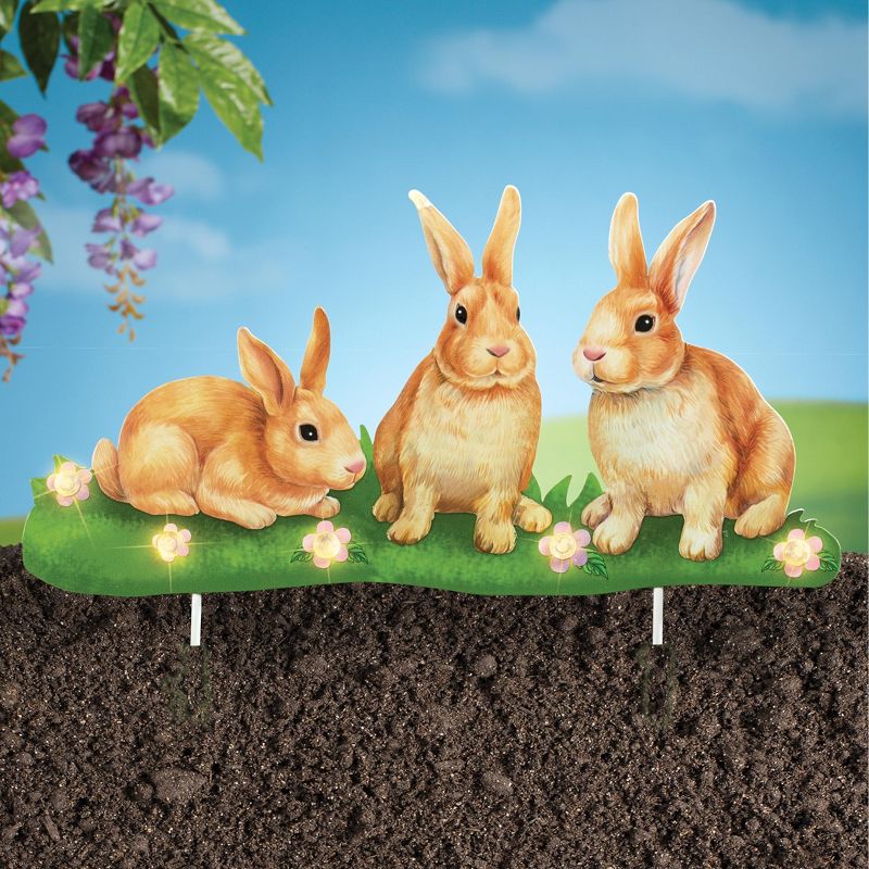 Collections Etc Solar Powered Bunny Trio Floral Garden Stake, 2 of 3