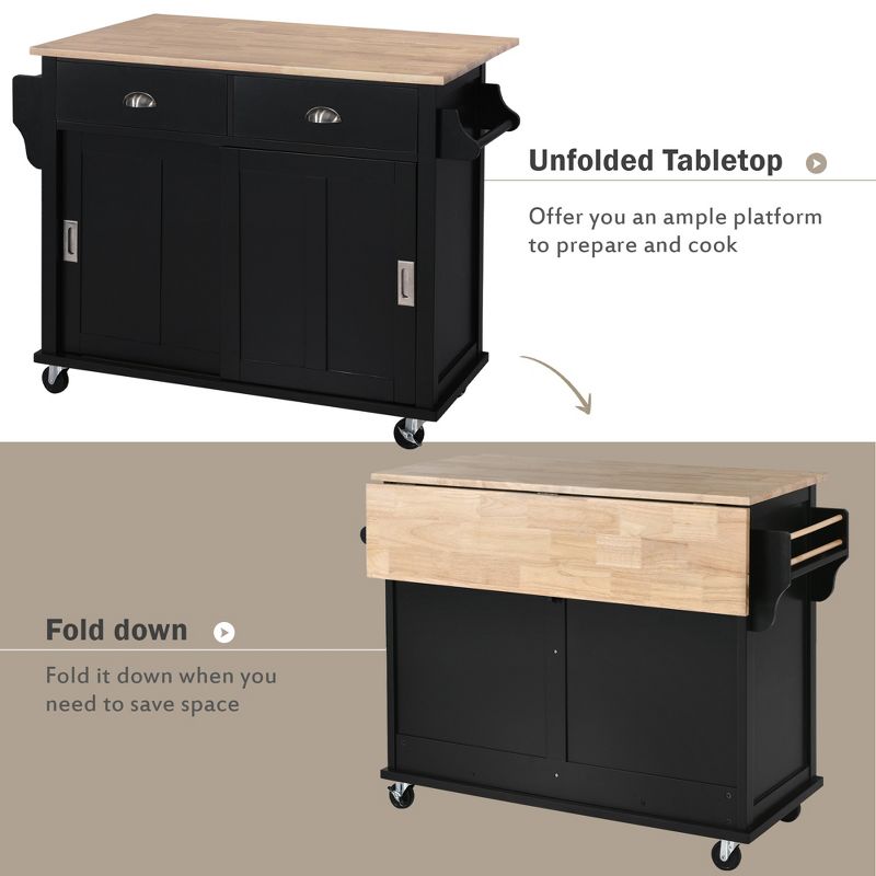 Drop-Leaf Countertop Kitchen Island, Kitchen Cart with Concealed Sliding Barn Door, Adjustable Shelf, 4 Wheels and 2 Drawers-ModernLuxe, 5 of 14