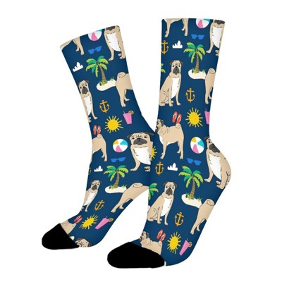 Pug Beach Dog Women Printed Crew Socks Funny Funky Socks Soft Polyester Novelty Gifts for Artists Men