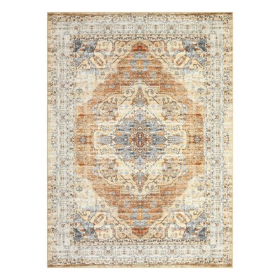 Washable Vintage Oriental Rug Non Slip Low Pile Rug Soft Throw Floor Cover Retro Medallion Foldable Indoor Carpet for Living Room Bedroom Playroom