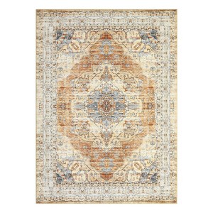 Washable Vintage Oriental Rug Non Slip Low Pile Rug Soft Throw Floor Cover Retro Medallion Foldable Indoor Carpet for Living Room Bedroom Playroom - 1 of 4