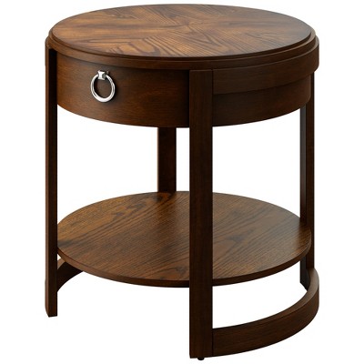 Costway Round Side End Table with Drawer Storage Shelf Classic Accents Nightstand Walnut