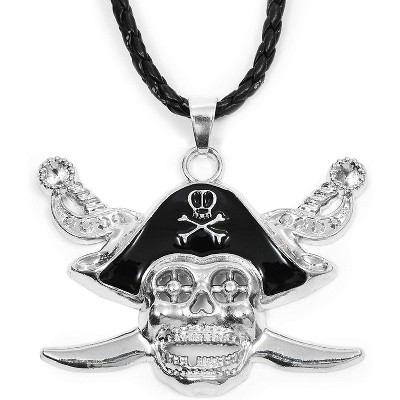 Blue Panda Silver Pirate Skull Pendant with Leather Chain Necklace for Men and Halloween Party, 19"