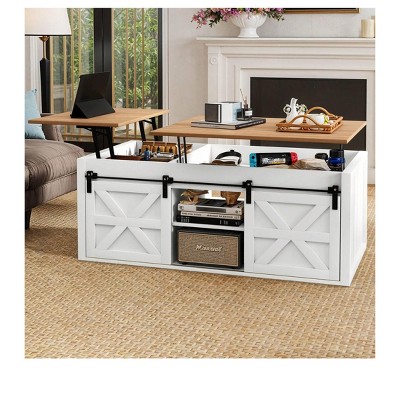 Lift Top Coffee Table 48 inch Farmhouse with Sliding Barn Door Space Saving Living Room Tables