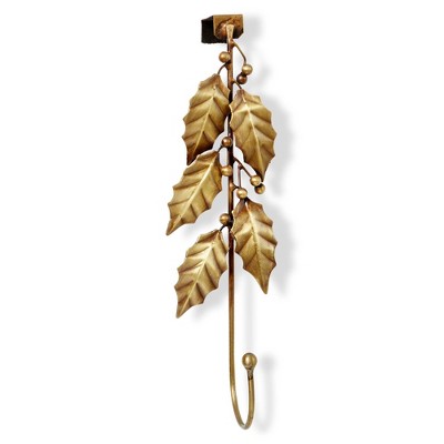tag Antique Brass Gold Holly Leaf Wreath Hanger - Elegant Wreath Holder for Christmas Decor, 13.25 in Height