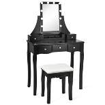 Tangkula LED Vanity Table Makeup Dresser Desk w/Drawers &Cushioned Stool Black/Brown/White