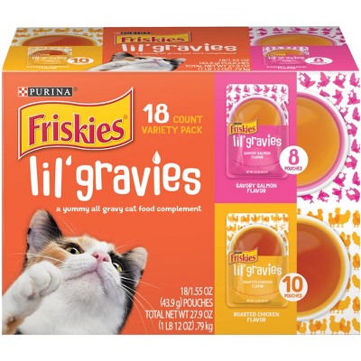Friskies Lil Gravies Salmon & Roasted Chicken, Beef, Salmon & Turkey Flavors Wet Cat Food Complements - 1.55oz/18ct Variety Pack