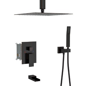 PAGED Shower System with Waterfall Tub Spout Modern Square Shower Head with Rough-in Valve for Bathroom, Restroom - 1 of 4