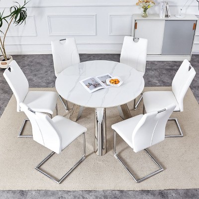 NicBex 5 PCS/7 PCS Dining Table Set,Round Dining Table with Sintered Stone Tabletop and 4/6 PU Chairs for Kitchen/Apartment