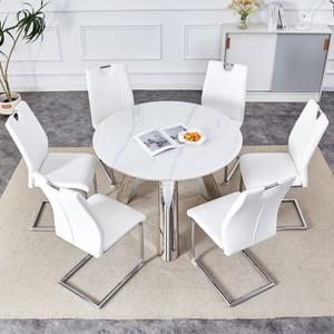 NicBex 5 PCS/7 PCS Dining Table Set,Round Dining Table with Sintered Stone Tabletop and 4/6 PU Chairs for Kitchen/Apartment - 1 of 4