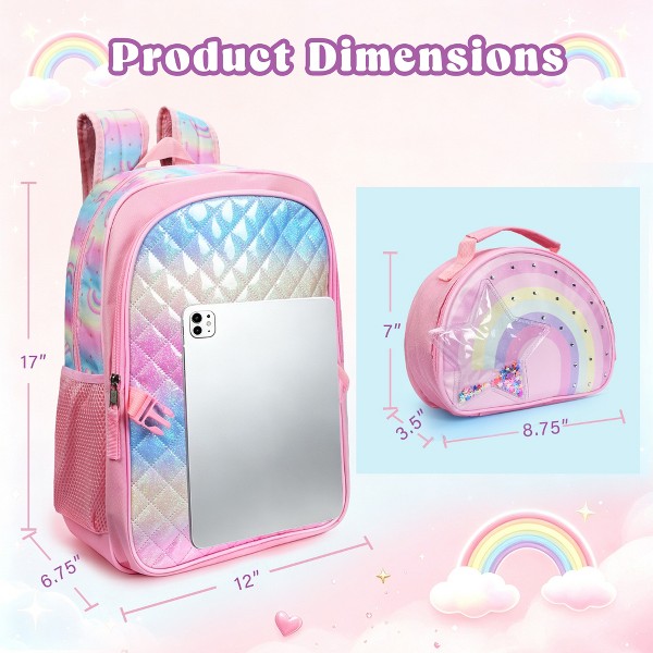 Mochila escolar para niñas Solaris 17" con lonchera aislada, set 2 en 1 rosa de ensueño 4
