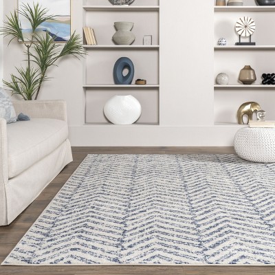 Reversible Geometric Blue Round Easy-Care Synthetic Rug