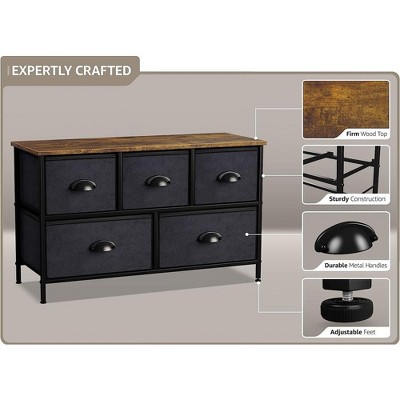 Medium Wood and Black Fabric 5-Drawer Storage Dresser