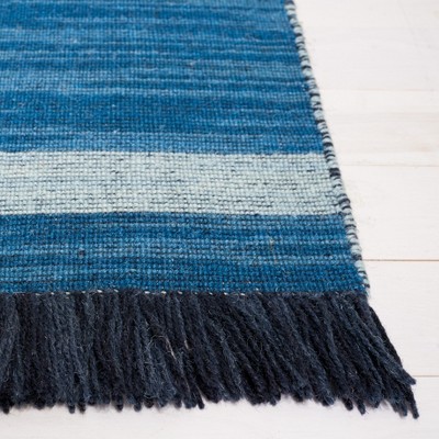 Blue and Orange Striped Wool 4' x 6' Flat Woven Rug