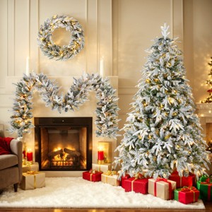 6ft Pre-lit Flocked Christmas Tree Set with 9ft Snow Garland and 2ft Wreath,Warm LED Lights,Indoor Holiday Decor-Baofuwish - 1 of 4