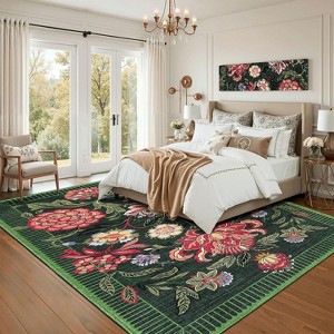Washable Floral Rug, Soft Non-Slip, Low Pile, Stain Resistant—Ideal for Living Room, Bedroom, Dining, Office - 1 of 4