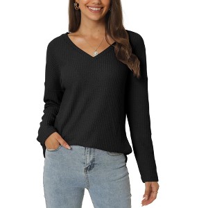 Seta T Women's V Neck Waffle Knit Long Sleeve Casual Tunic Blouses - 1 of 4