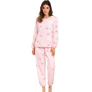 Allegra K Women's Winter Flannel Long Sleeve Nightwear Top and Pants Pajama Sets - 1 of 4