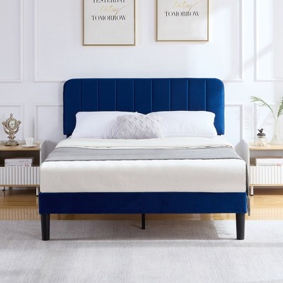 VECELO Velvet Upholstered Platform Bed Frame with Adjustable Headboard, Sturdy Wood Slat Support, No Box Spring Required