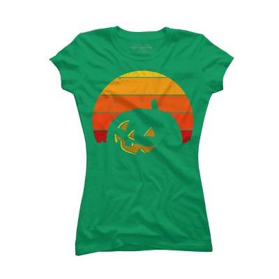 Junior's Design By Humans Vintage Retro Sunset Halloween Pumpkin I By lemonpepper T-Shirt
