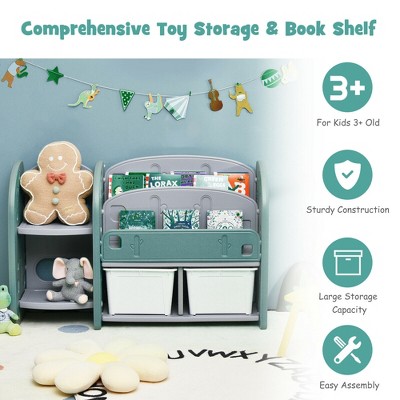 Costway Kids Toy Storage Organizer w/ 2-Tier Bookshelf & Plastic Bins