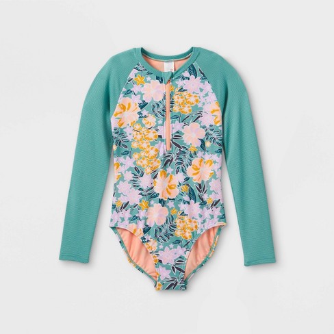 Girls' Floral Print Ribbed Long Sleeve One Piece Rash Guard - Cat & Jack™  Green Xs : Target