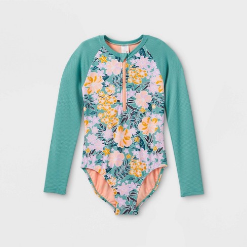 US Infant Baby Girls Swimwear One-piece Long Sleeves Floral Back Zipper Swimsuit 