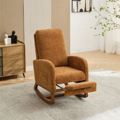 CAVINAS 25.4"W Boucle Rocking Chair with Retractable Footrest and Side Pockets, Upholstered Glider Lounge Chair with Wooden Frame