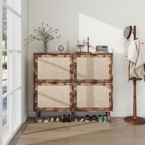 KTMBDW Rattan Shoe Storage Cabinet with 4 Flip Drawers, Freestanding Organizer with Wood Legs for Entryway, Narrow Shoe Rack Cabinet - 1 of 4