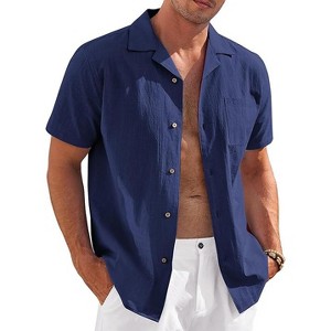 COOFANDY Mens Casual Cotton Linen Shirt Short Sleeve Button Up Shirts Summer Beach Top - 1 of 4