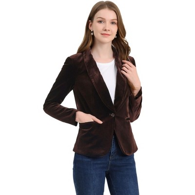 INSPIRE CHIC Women's Office Solid Shawl Collar Jetted Pockets One Button Velvet Blazer