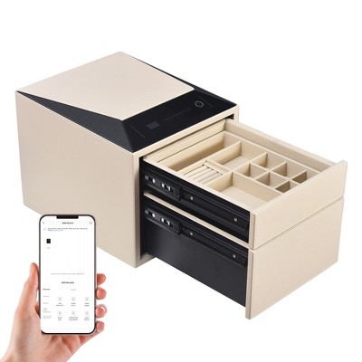 UNISOAR Biometric Fingerprint Jewelry Safe for Home , Leather Wrapped Safe, Slide-Away Drawer, Digital Keypad & Fingerprint Lock