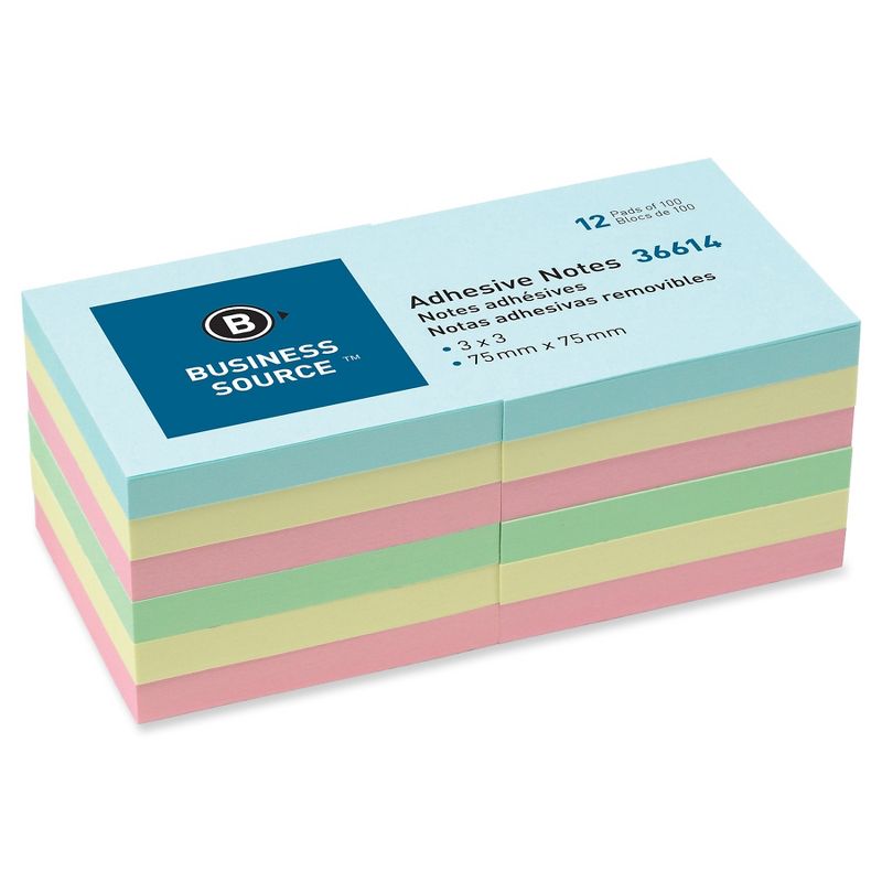 Business Source Adhesives Notes Plain 3"x3" 100 Sheets/PD 12/PK AST Pastel 36614, 2 of 3