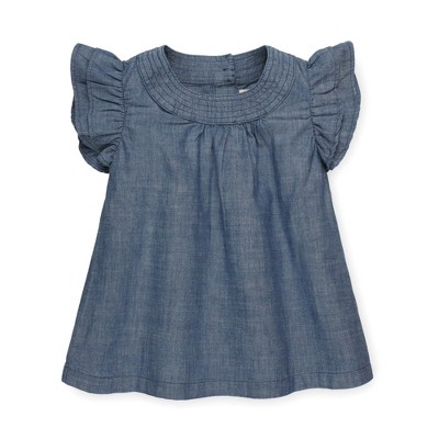Image of Hope & Henry Girls' Flutter Sleeve Chambray Top (Blue Chambray, 3-6 Months)
