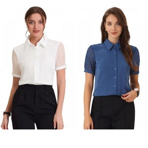 INSPIRE CHIC Women's Sheer Short Sleeve Point Collar Work Button Down Shirt 2 Packs - 1 of 4