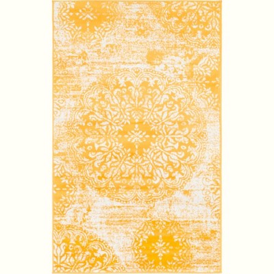 Yellow and White Synthetic Low Pile Bohemian Area Rug