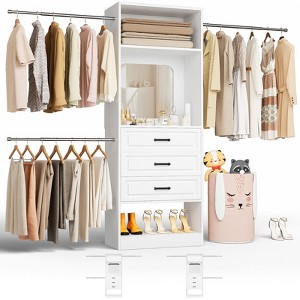 Besiost Freestanding Closet System with Hanging Rods and Mirror, Walk-In Wooden Closet Storage with Drawer - 1 of 4