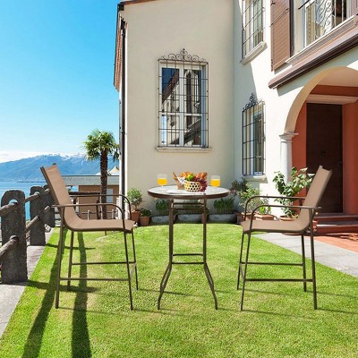 Brown Steel and Fabric Outdoor Patio Bar Set with Tempered Glass Table