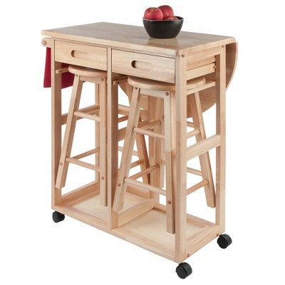 Light Wood Folding Table with 2 Stools and Wheels